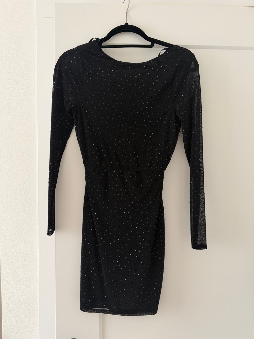 Windsor Black Long-Sleeve Rhinestone Sheer Sleeve Bodycon Dress